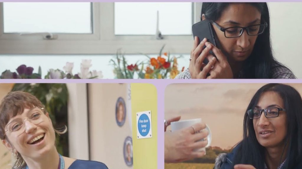 Composite image of three women smiling, one of whom is on the phone