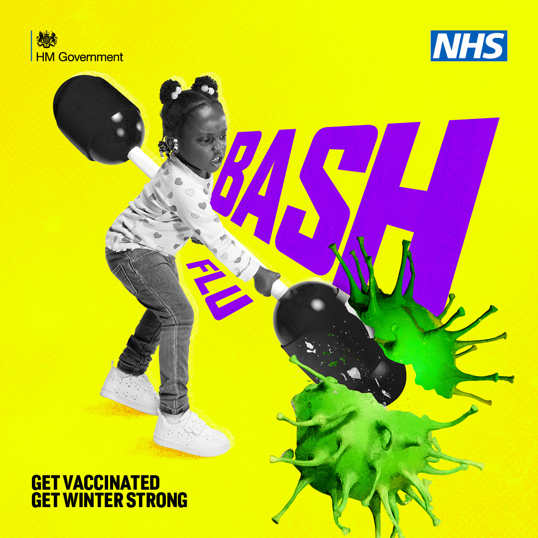Poster of girl smashing flu virus with stick.