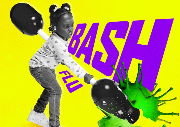 Young girl smashing an image of a virus with a stick.