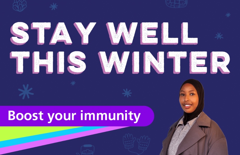 Stay Well This Winter poster with Somali woman encouraging people to boost their immunity.