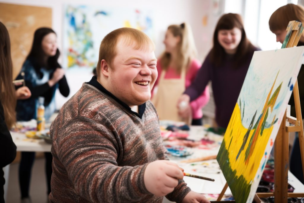 Five adults with learning disabilities enjoying a painting class.