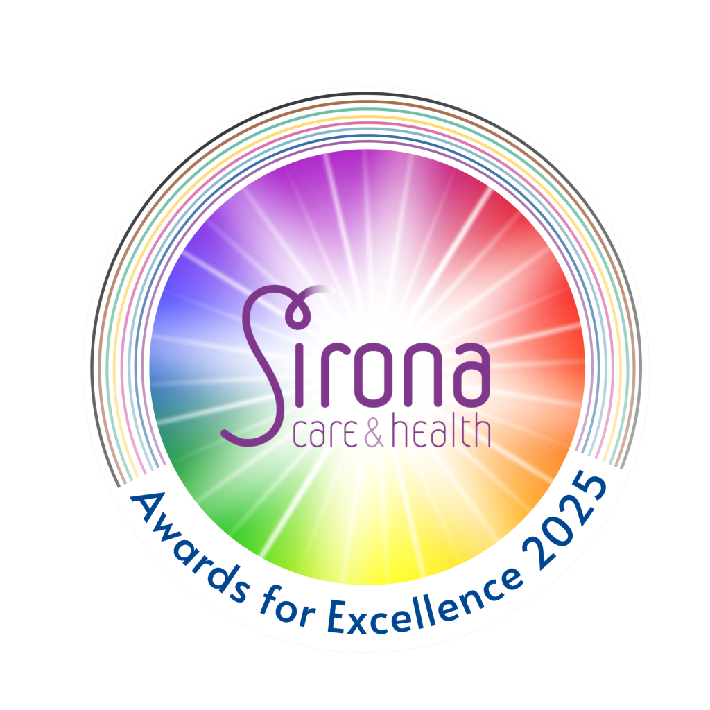 Rainbow circle encompassing the Sirona care & health logo and the words 'Awards for Excellence 2025'