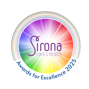 Rainbow circle encompassing the Sirona care & health logo and the words 'Awards for Excellence 2025'