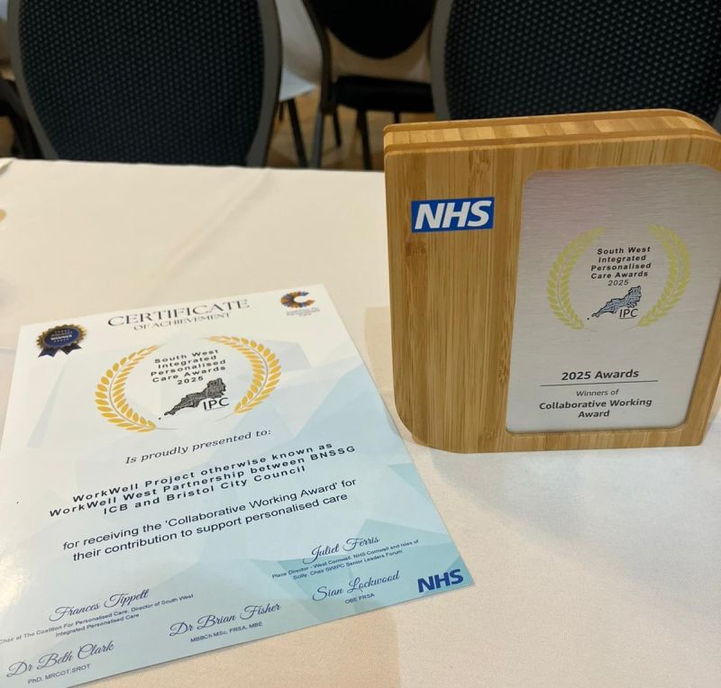 Award and certificate from the South West Integrated Personalised Care Awards 2025.