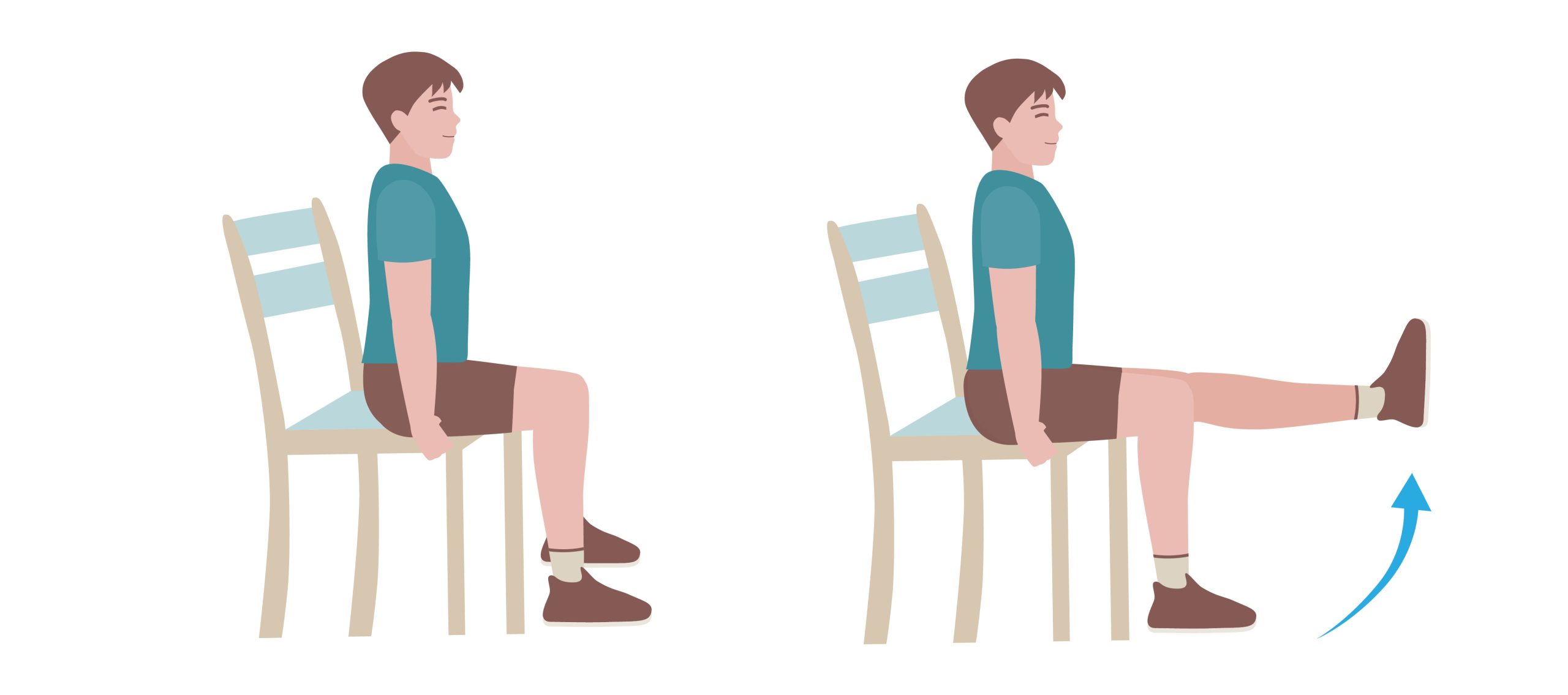 Illustration showing a seated leg raise exercise with a person sitting on a chair, first with knees bent and then extending one leg straight out. Blue arrow indicates upward leg movement, highlighting muscle engagement and proper form for strengthening thigh muscles.