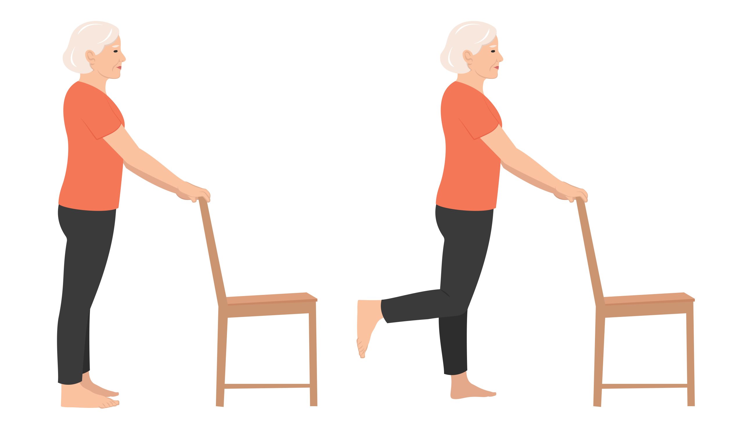 Illustration showing a side view of an elderly person performing a balance exercise using a chair for support. The first figure stands upright holding the chair, while the second figure lifts one leg backward, demonstrating a leg raise movement.