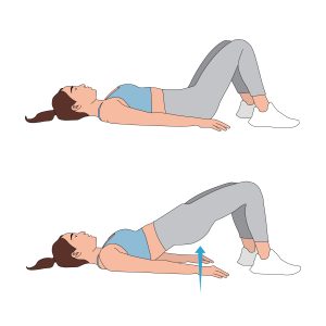 A two-step illustration of a lying hip bridge exercise. In the first position, a person lies on their back with knees bent, feet flat on the floor, and arms resting by the sides. In the second position, the person lifts the hips upward off the ground, forming a straight line from shoulders to knees, with an arrow indicating the upward movement of the hips.