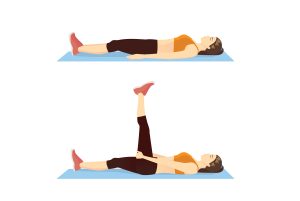 A person lies flat on a mat with legs extended, then lifts one leg straight up while holding the back of the thigh, demonstrating a single-leg raise stretch.