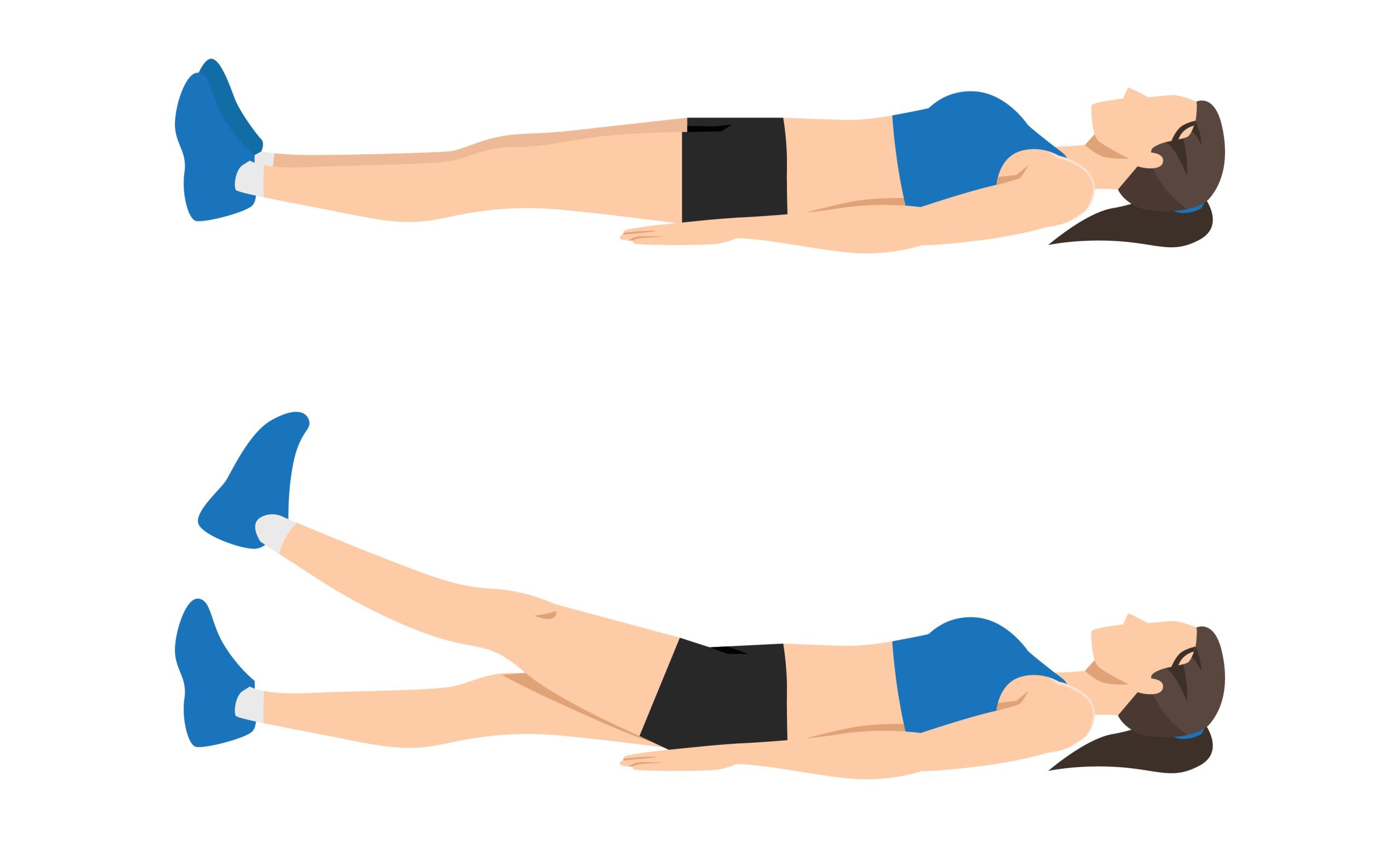 Illustration showing two stages of a leg lift exercise performed by a woman lying on her back wearing a blue sports bra, black shorts, and blue shoes. Top stage depicts legs fully extended and together, while bottom stage shows one leg raised at an angle and the other leg flat.