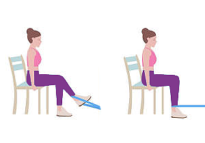 A person sits upright on a chair performing a seated hamstring exercise: starting with both feet on the floor, then extending one leg forward with the heel resting on the ground or a strap, showing a straightened knee position for stretching or strengthening.