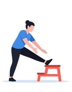 A person places one foot on a raised step and leans forward with arms reaching toward the foot, demonstrating a standing hamstring stretch; surrounding circles show joint movement and stretch directions.