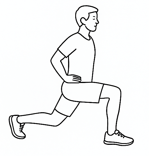 Line drawing of a person performing a forward lunge exercise, showing proper posture with one leg bent at a right angle in front and the other extended behind. The figure wears a t-shirt, shorts, and sneakers, with hands placed on hips to maintain balance during the stretch.
