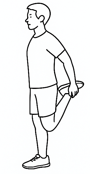 Line drawing of a person performing a standing quadriceps stretch, holding one foot behind the body with the opposite hand. The illustration highlights proper posture with an upright torso, bent knee, and balanced stance on one leg.