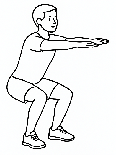Line drawing of a person performing a squat exercise with arms extended forward and knees bent at a 90-degree angle. The illustration highlights proper squat posture, including straight back, feet flat on the ground, and balanced weight distribution.