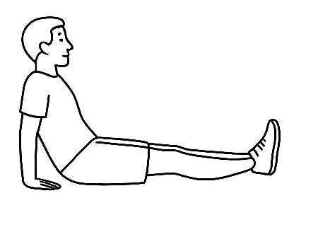 Line drawing of a person performing a seated leg raise exercise, sitting with hands on the ground behind and legs extended straight forward. The illustration highlights posture and body alignment for correct exercise form.